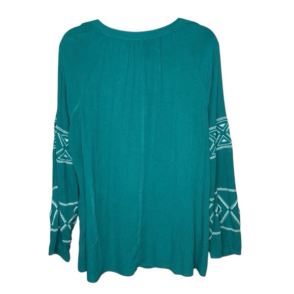 Lane Bryant Teal Embroidered Boho Peasant Top Tassel Tie Long Sleeve - Picture 2 of 6